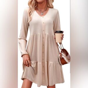Dokotoo V-Neck Tiered Midi Dress – Champagne Beige | Women’s Medium | NWT